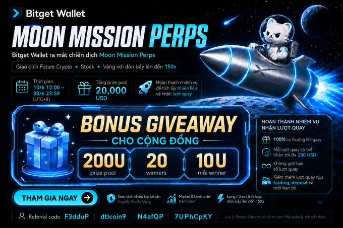 A Bitget Wallet promotional banner for 'Moon Mission Perps' featuring an astronaut cat on a rocket, advertising a $20,000 prize pool, 20 winners, and a 150x leverage event.
