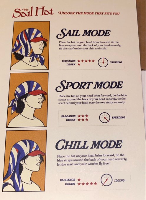 The image shows instructions for wearing "The Sad Hat" in three styles: Sail Mode (5 elegance/1 degen stars, labeled "Cruising"), Sport Mode (3/3 stars, "Speeding"), and Chill Mode (1 elegance/5 degen stars, "Idling"), with illustrations of a figure wearing a striped blue and white hat in each style. While the BAYC (Bored Ape Yacht Club) post references various Ape-related updates and events, the image itself is an unrelated hat-styling guide, possibly noted for its ape-like illustrated figures or as a humorous contrast to the crypto/NFT news in the accompanying post.