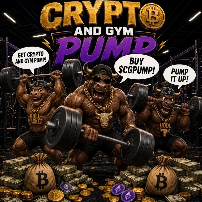 Three muscular cartoon bulls in a gym lift heavy barbells amid stacks of cash and crypto coins, promoting the "$CGPUMP" token with bold text reading "CRYPTO AND GYM PUMP" alongside speech bubbles urging viewers to "GET CRYPTO AND GYM PUMP!," "BUY $CGPUMP!," and "PUMP IT UP!" — visually merging fitness intensity with crypto hype to match the post's community-driven, livestream energy theme.