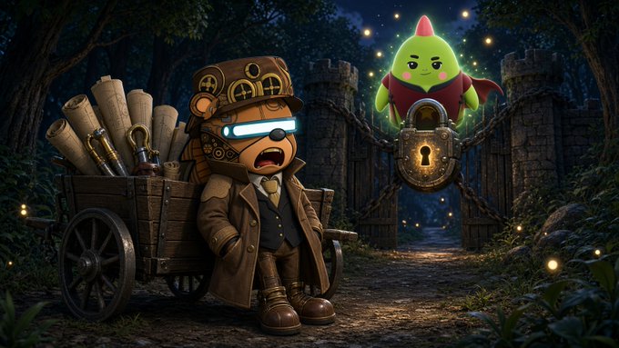 A digital artwork depicting a steampunk-style monkey character with glowing glasses pulling a cart of scrolls, facing a floating green creature with a red cape behind a large lock and chain gate in a mystical forest setting.