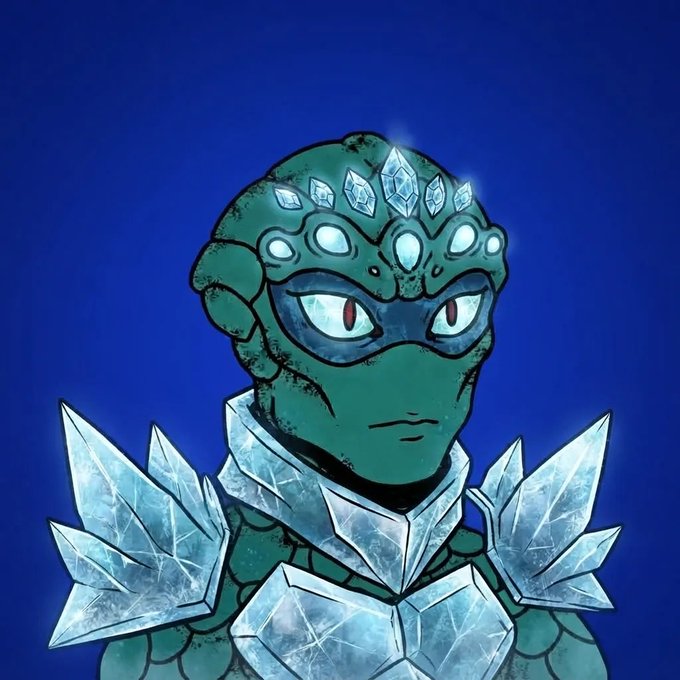 The image depicts a stylized, anthropomorphic serpent-like character with teal scales, sharp eyes, and an icy, crystalline crown and armor made of jagged ice shards, set against a deep blue background—visually embodying the "Venox" name (a play on "venom" and possibly "Veno" suggesting venom/frost) referenced in the post promoting a free mint NFT collection launching on Robinhood Chain via OpenSea, limited to the first 55 wallets.