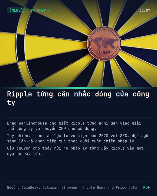 A Vietnamese crypto news article from TIN CRYPTO titled 'Ripple từng cân nhắc đóng cửa công ty' (Ripple once considered closing the company), featuring a Ripple coin on a yellow and blue background.