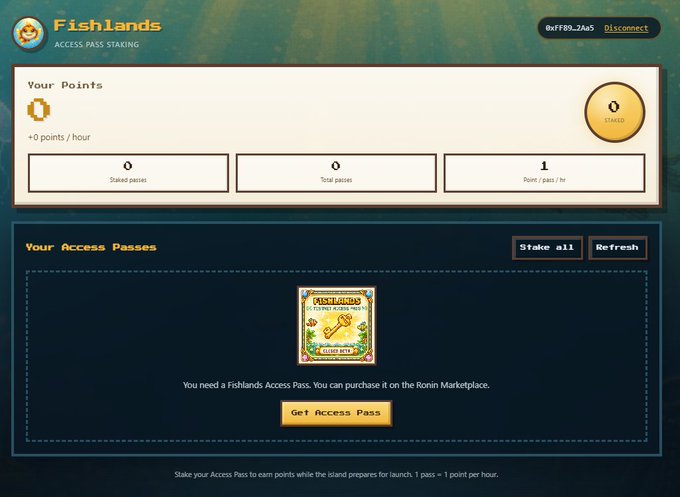 A Fishlands Access Pass Staking interface showing 'Your Points' at 0 STAKED with a wallet address 0xf789...2Aa5 disconnected, and a message indicating the user needs to purchase a Fishlands Access Pass on the Ronin Marketplace with a 'Get Access Pass' button.