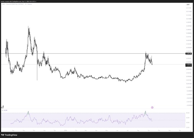 A TradingView chart of USDT created with TradingBitcoin, dated Sep 21, 2024, shows a sharp early spike above 0.05 followed by a prolonged decline and recent recovery, paired with an RSI indicator that recently peaked near overbought levels—visually supporting the post's claim that the move above 0.05 marked a generational top on the short setup.