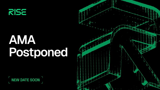 A digital graphic announcement with the "RISE" logo featuring "AMA Postponed" in large white text and "NEW DATE SOON" below, set against a black background with a green stylized "R" design. The image visually communicates the postponement of the RISEx AMA session mentioned in the post.