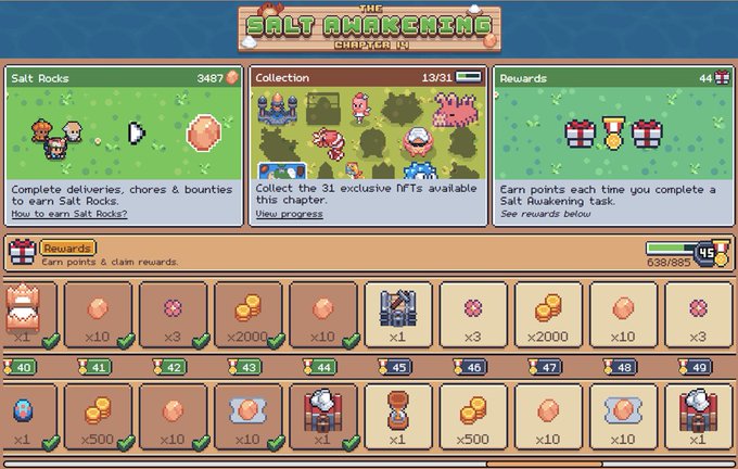 The image shows a screen from a video game, specifically from Salt Awakening, featuring different areas within the game, such as farms or salt rock landscapes. The game also has a character customization menu displayed at the top of the page with options for character types like a farmer, a salinist, and an explorer. There are several points available in the game, and the player can receive rewards by completing missions and tasks. Additionally, there is a conversation about a new collection called "The Salt Awakening Chapter" or "The Salt Awakening Collection", which adds to the narrative of the game's story.
