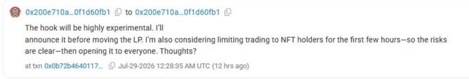 The image shows a Discord message from wallet address "0x200e710a...0f1d60fb1" discussing the experimental nature of an upcoming token hook, mentioning plans to announce before moving liquidity and potentially restricting initial trading to NFT holders. This relates to the post by sharing a developer update from the Vibecoin/$IMD project's creator about token launch strategy and NFT-gated trading access.