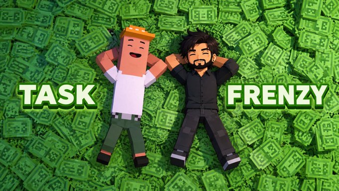 Two Minecraft characters lie on a bed of green emerald blocks with the text 'TASK FRENZY' displayed prominently.