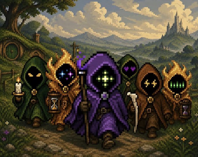 Pixel art illustration of five hooded figures with glowing eyes and staffs, reminiscent of Dark Souls or Elden Ring characters, standing before a hobbit hole with a distant castle.