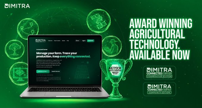 An advertisement for Dimitra showcases 'Award Winning Agricultural Technology' featuring a connected farmer platform on a laptop and an AgTech Breakthrough Award trophy.
