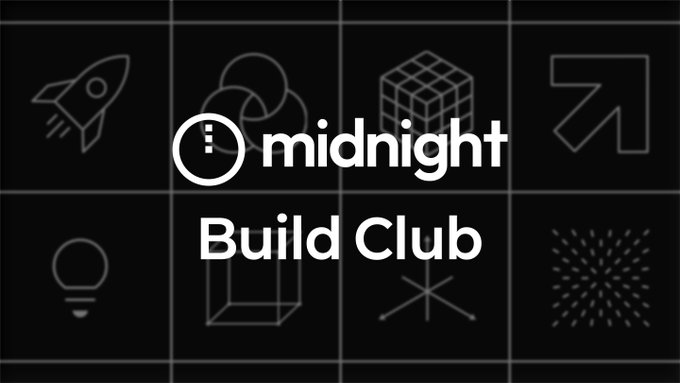 A logo for 'midnight Build Club' displayed over a dark grid background featuring various line-art icons including a rocket, cube, arrow, lightbulb, and starburst.