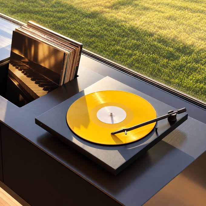 A bright yellow record spins on a sleek black turntable beside a stack of vinyl, bathed in the warm glow of sunlight streaming through a large window onto a grassy lawn—evoking the relaxing ritual of tuning into a favorite musical channel.
