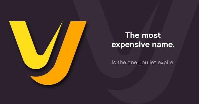 A logo design featuring a stylized yellow 'y' shape on a dark purple background with the text 'The most expensive name. Is the one you let expire.'