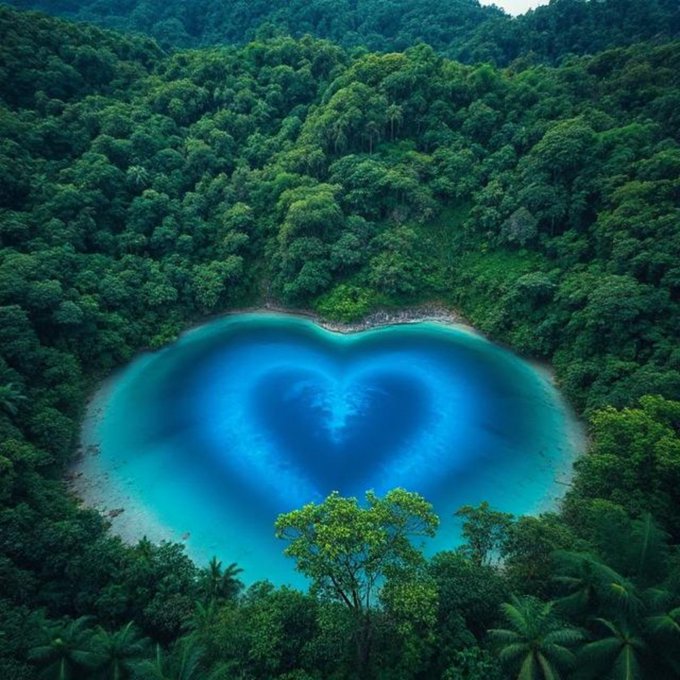 An aerial view shows a heart-shaped, turquoise-blue lake nestled within a dense, lush green forest.