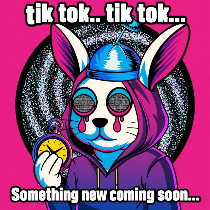 A vibrant pink meme featuring a rabbit-like character in a purple hoodie and blue cap holding a pocket watch, with text reading "tik tok.. tik tok... Something new coming soon..."