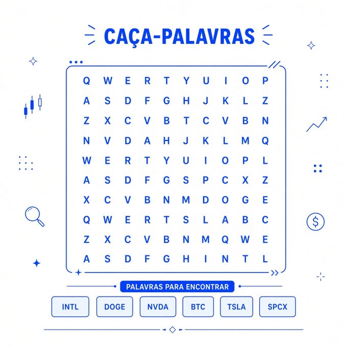 A blue-themed "Caça-Palavras" (Word Search) puzzle displaying a grid of letters with a "Palavras Para Encontrar" section listing stock tickers (INTL, DOGE, NVDA, BTC, TSLA, SPCX) to find, designed as a MEXC Portuguese community contest where participants mark found words to win 5 USDT.
