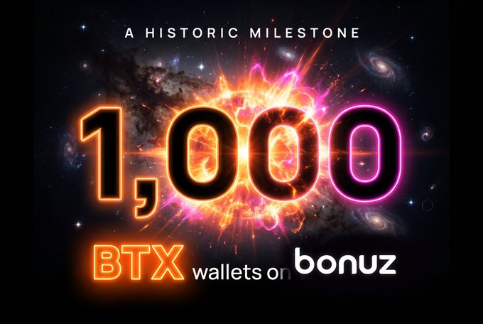 A vibrant space-themed promotional graphic displays the number "1,000" in glowing neon letters with "BTX" beneath it, captioned "A HISTORIC MILESTONE" at the top and "wallets on bonuz" with the Bonuz logo at the bottom—celebrating the achievement of 1,000 BTX wallets on the Bonuz platform one week after launch, as highlighted in the post.