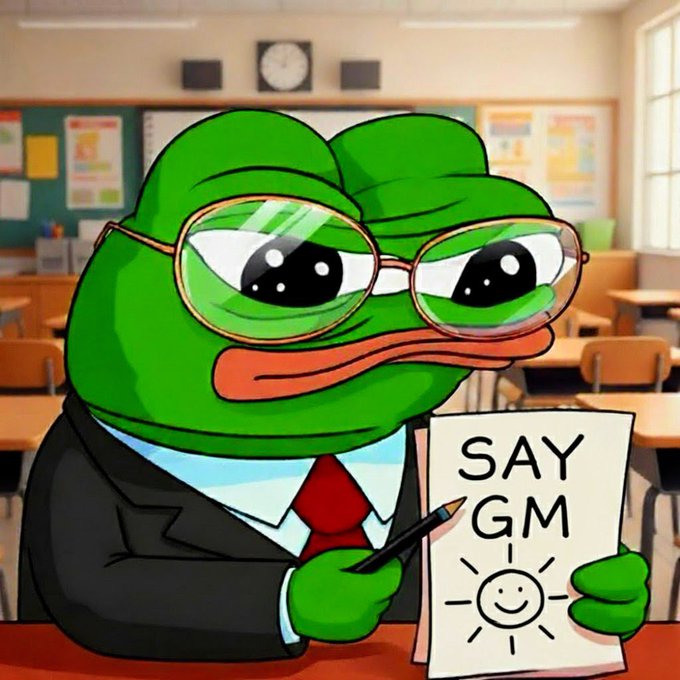 A cartoon illustration of a green Pepe the Frog character wearing glasses and a suit, holding a pencil and a paper that reads 'SAY GM' with a smiley sun drawing.