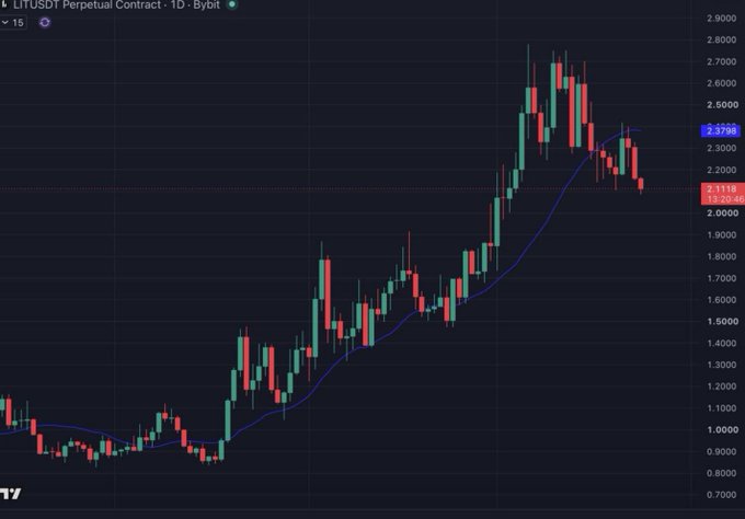 A LITUSDT Perpetual Contract daily chart on Bybit showing a major uptrend followed by a recent pullback, with the current price around 2.1188 and a moving average line.