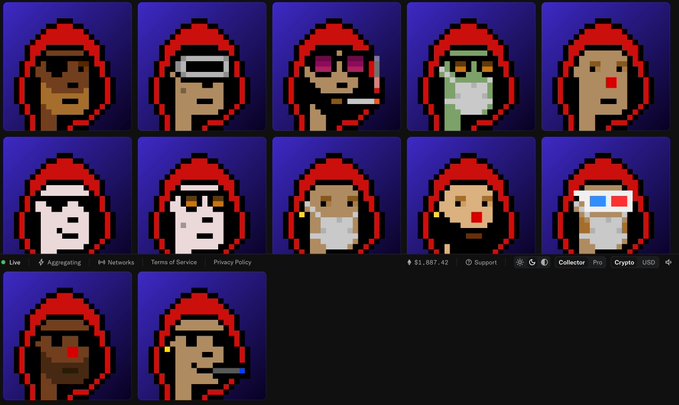 A grid of 12 pixel-art NFT avatars showing a character in a red hood with different facial features and accessories (sunglasses, masks, different hairstyles), with text including "Terms of Service", "Privacy Policy", and "$1,687.42".