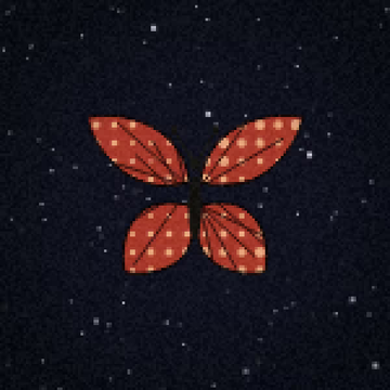 A stylized illustration of an orange butterfly with polka dots and striped wing details set against a dark starry night sky background.