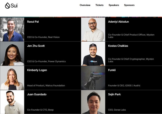 A screenshot of the Sui conference website showing speakers including Raoul Pal (CEO & Co-Founder, Real Vision), Adeniyi Abiodun (Co-Founder & CPO, Mysten Labs), Jen Zhu Scott, Kostas Chalkias, Kimberly Logan, Funkii, Juan Guardado, and Sejin Park.