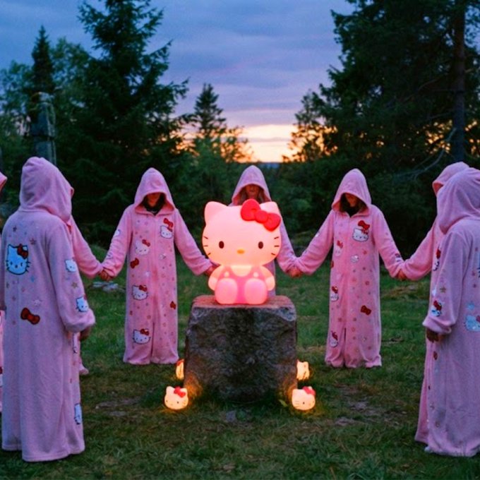 Five people wearing pink Hello Kitty hooded robes stand in a circle holding hands around a large illuminated Hello Kitty figure on a stone pedestal in a forest at sunset, with small lit candles at the base.