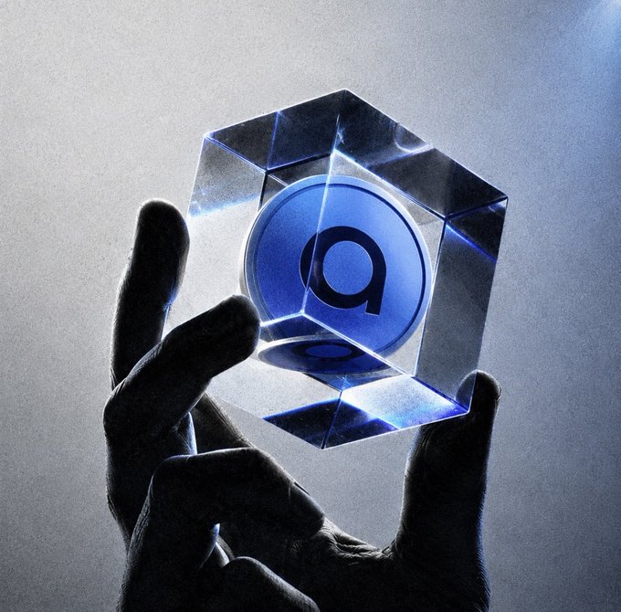 A silhouetted hand holds up a glowing hexagonal crystal containing a blue sphere with the letter "a," symbolizing the "ACCESS" brand token mentioned in the post. The futuristic imagery of grasping this illuminated emblem visually reinforces the message of building a new era of ownership through staking, subscriptions, and creator support.