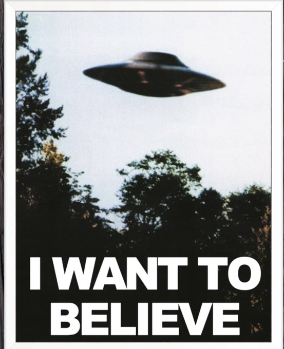The classic "I WANT TO BELIEVE" X-Files poster, depicting a blurry UFO hovering over a forest with bright light shining down.