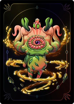 A vibrant fantasy illustration of a plant-like creature with pink elephant-ear-shaped appendages and a central flower, intertwined with golden vines against a dark background.