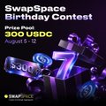 A promotional graphic for "SwapSpace Birthday Contest 300 USDC" running August 5-12, featuring a futuristic astronaut character and a 30% off badge, which complements the post's theme of navigating the complexity of choosing a swap platform in crypto.