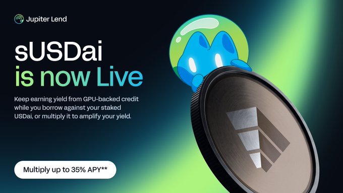Jupiter Lend promotional graphic announcing "sUSDai is now Live," offering up to 35% APY multiplier for borrowing against staked USDai on GPU-backed credit.