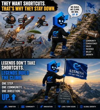 Two stacked promotional graphics for the Zenith/AMSTRON crypto project, contrasting 'THEY WANT SHORTCUTS' with 'LEGENDS DON'T TAKE SHORTCUTS. LEGENDS BUILD THE CLIMB.' and listing values like COMMUNITY, CONSISTENCY, GRIT, PATIENCE, BELIEF, GROWTH.