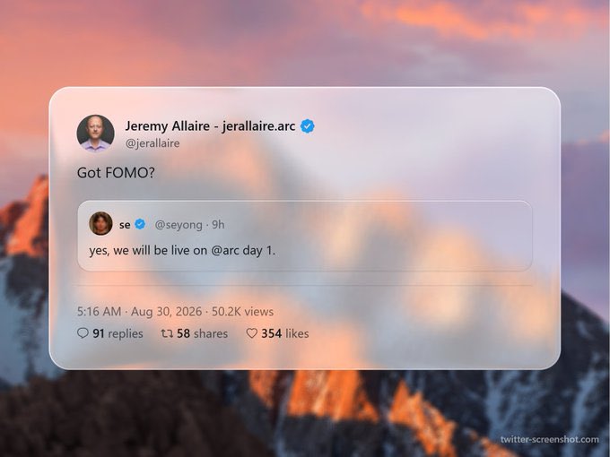 A Twitter post by Jeremy Allaire (@jerallaire) asking "Got FOMO?" while quoting a tweet from se (@seyong) stating "yes, we will be live on @arc day 1," set against a scenic mountain background, referencing the upcoming Arc mainnet launch.