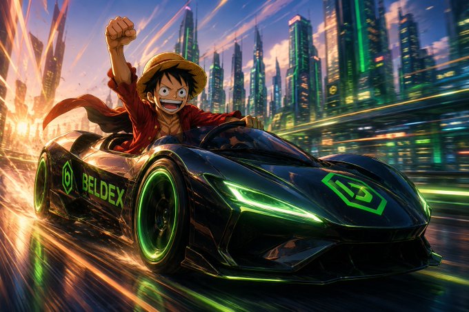 An anime-style illustration of a character resembling Luffy from One Piece wearing a straw hat, triumphantly riding in a futuristic black sports car with 'BELDEX' branding and glowing green wheels through a neon cityscape.