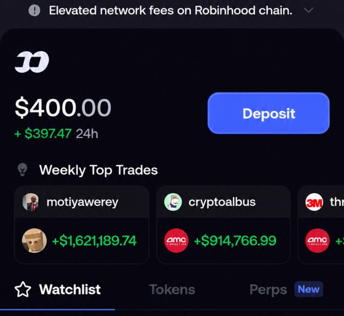 A screenshot of a meme coin trading app shows a wallet balance of $400.00 with a +$397.47 24h gain, alongside a "Weekly Top Trades" leaderboard featuring users like "motiyawerey" (+$1,621,189.74) and "cryptoalbus" (+$914,766.99), suggesting the poster's Day 1 of meme coin trading has paid off impressively so far.