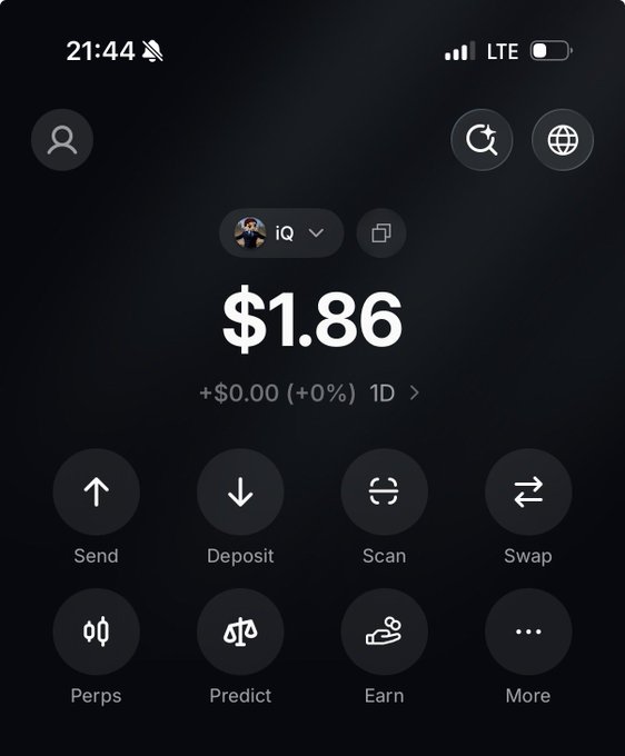 A mobile cryptocurrency wallet screen displays a balance of $1.86 with no change (+0%) over 1 day, along with action buttons for Send, Deposit, Scan, Swap, Perps, Predict, and Earn. The small remaining balance visually reinforces the poster's lament about losing $18 and watching their funds drop from $19 to $1.