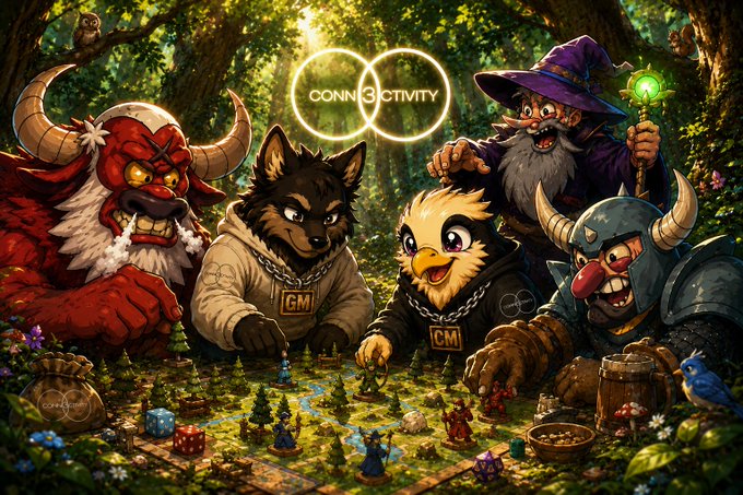 A fantasy illustration shows anthropomorphic characters including a red demon, wolf, eagle wizard, and Viking gathered around a tabletop game, with a "CONNECTIVITY" logo at the top and "GM" labels on the characters' clothing.