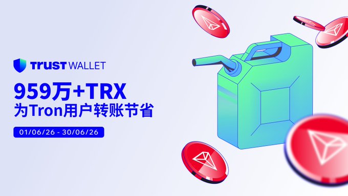 A Trust Wallet promotional graphic showing '959万+TRX 为Tron用户转账节省' (9.59M+ TRX saved for Tron users) dated '01/06/26 - 30/06/26,' with an illustration of a fuel can and TRX coins.