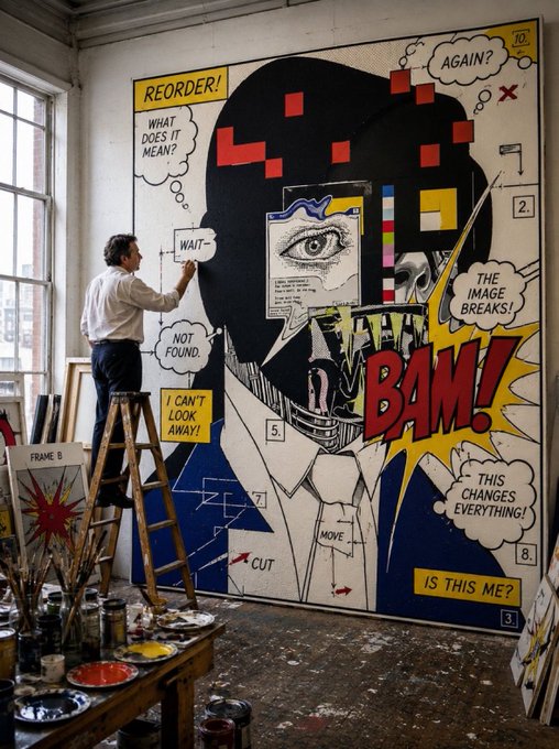 A photograph of an artist on a ladder working on a large pop-art style painting featuring comic-book elements, text bubbles, and a stylized face.