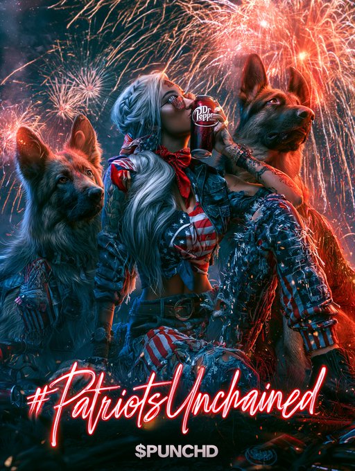 A glamorous patriotic woman with long silver hair drinks a Dr Pepper while flanked by two loyal German Shepherds, set against a backdrop of red, white, and blue fireworks. The "#PatriotsUnchained" challenge branding and "$PUNCHD" logo appear prominently below, tying the stylized artwork to a call-to-action inviting viewers to grab a Dr Pepper, wear their colors, and tag friends.