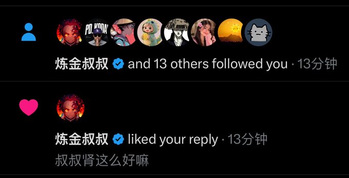 A screenshot of social media notifications in Chinese shows that 炼金叔叔 and 13 others followed you, and 炼金叔叔 liked your reply that says '叔叔肾这么好嘛' (Uncle, your kidneys are so good).