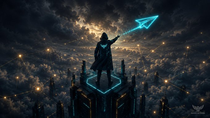 A hooded figure in a dark cloak stands on a glowing platform above clouds, reaching out toward a glowing blue paper airplane, with a network of golden light points stretching into the sky.
