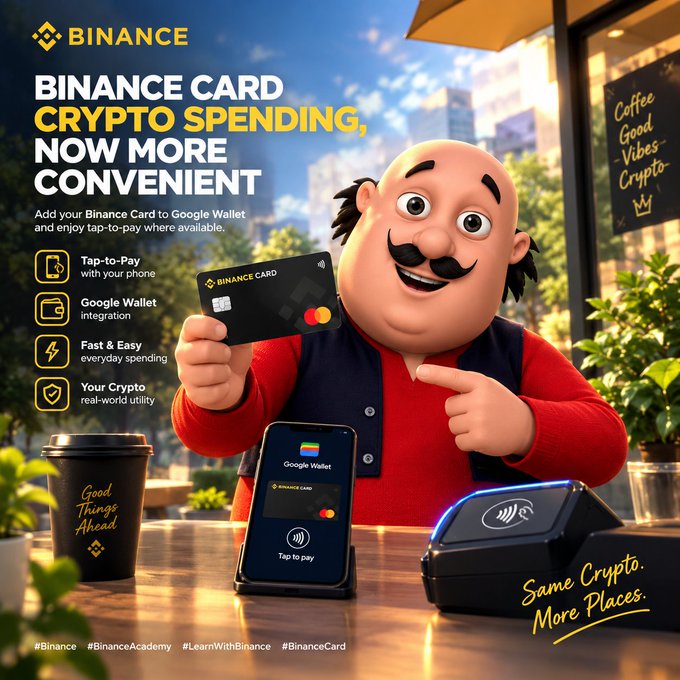 A Binance advertisement features a cartoon character holding a 'BINANCE CARD' and a phone showing Google Wallet, promoting 'CRYPTO SPENDING, NOW MORE CONVENIENT'.