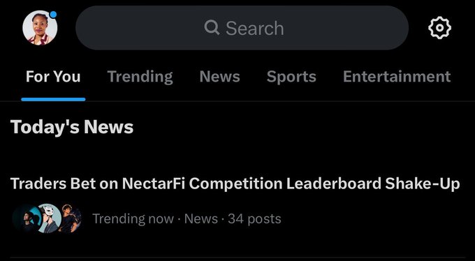 A social media app interface showing a 'For You' tab with 'Today's News' and a trending post titled 'Traders Bet on NectarFi Competition Leaderboard Shake-Up.'