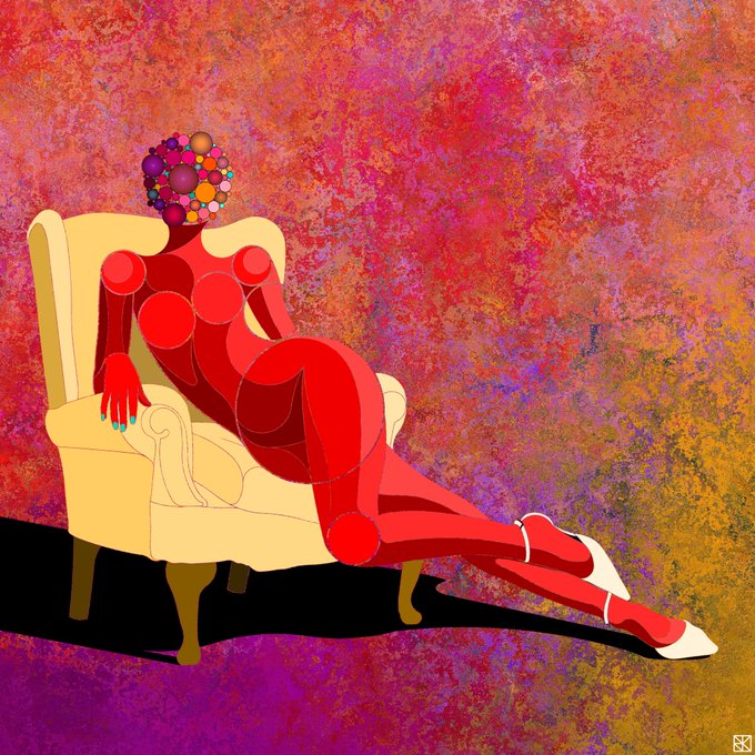 A digital artwork of a red, geometric figure with a head made of colorful spheres reclining elegantly on a yellow armchair against a textured orange and pink background.