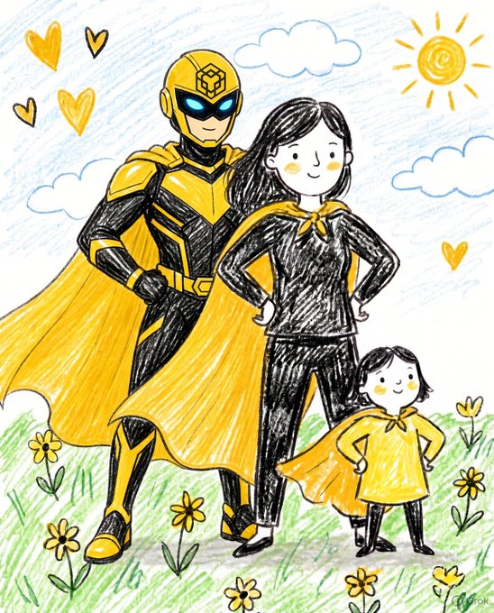 A child's drawing depicting a yellow-armored superhero standing with a woman and young girl, all in matching yellow and black outfits, in a grassy field with flowers, hearts, clouds, and a sun.