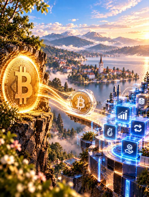 A glowing Bitcoin coin emerges from a cliffside with the iconic "₿" symbol, launching toward a futuristic cityscape featuring holographic DeFi protocol cubes over a misty lake town. The image visually represents the seamless transition from traditional Bitcoin value to decentralized finance ecosystems, symbolizing how assets like wBTC enable players to move between different financial "leagues."