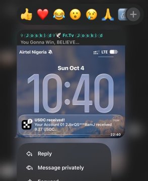 The image shows an Instagram story screenshot featuring a lock screen displaying "10:40" on "Sun Oct 4" with a notification reading "USDC received! Your received 0.128005... 9.27 USDC," alongside a reply from "josh1d" mentioning "$6 Jan 1 received." The post suggests the notification is being used as proof that people are earning money, promoting a likely crypto scam scheme.