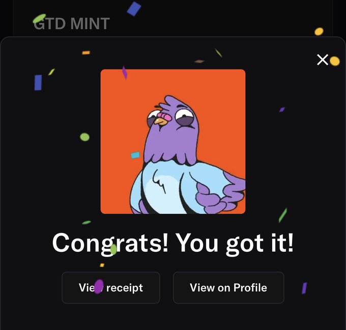 A "Congrats! You got it!" success screen from GTD MINT displays a purple and blue cartoon bird character on an orange background with confetti effects, along with "View receipt" and "View on Profile" buttons, confirming the user's successful minting of a Wingston NFT on RallyOnChain.